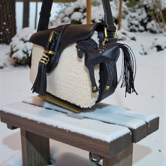 SALE! Black Crossbody Faux Shearling Bag by Vince Camuto w/ Leather Horse Charm - Picture 7 of 7